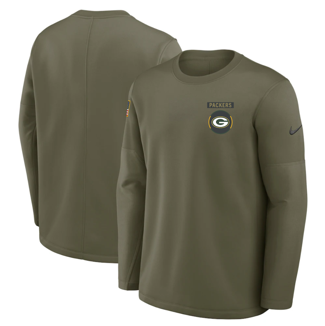 Men's Green Bay Packers Olive 2025 Salute to Service Sideline Coaches Therma-FIT Long Sleeve Shirt